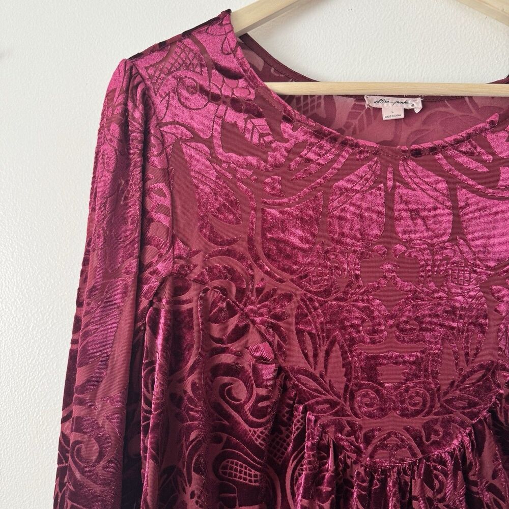 ULTRA PINK Fairy Top Burnout Velvet Floral Blouse Flare Sleeve Burgundy Size L - Picture 2 of 7